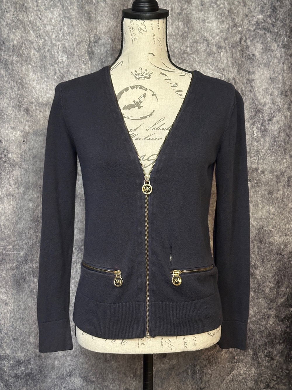 Michael Kors V-Neck Zip Cardigan with Gold Accents